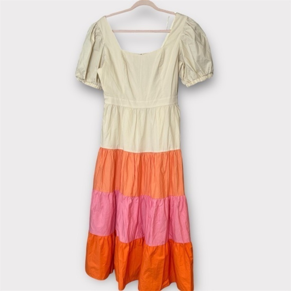 English Factory Cream, Pink, and Orange Tiered Midi boho Dress